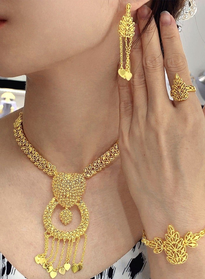 24K Gold Plated Arabian Bride Necklace Earring Ring Bracelet  Jewelry Set,Women Dinner Party Wedding Prom Jewelry Set,Indian Sand Gold Bride Necklace Earring Ring Bracelet 4 Piece Set, Wedding Bridal Jewelry Set,Bridal Jewelry, Evening Dress Accessories For Women, Dinner Party Accessories,Women's Collarbone Chain,Bridal Accessories - Image 2