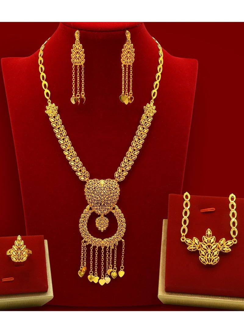 24K Gold Plated Arabian Bride Necklace Earring Ring Bracelet  Jewelry Set,Women Dinner Party Wedding Prom Jewelry Set,Indian Sand Gold Bride Necklace Earring Ring Bracelet 4 Piece Set, Wedding Bridal Jewelry Set,Bridal Jewelry, Evening Dress Accessories For Women, Dinner Party Accessories,Women's Collarbone Chain,Bridal Accessories - Image 1