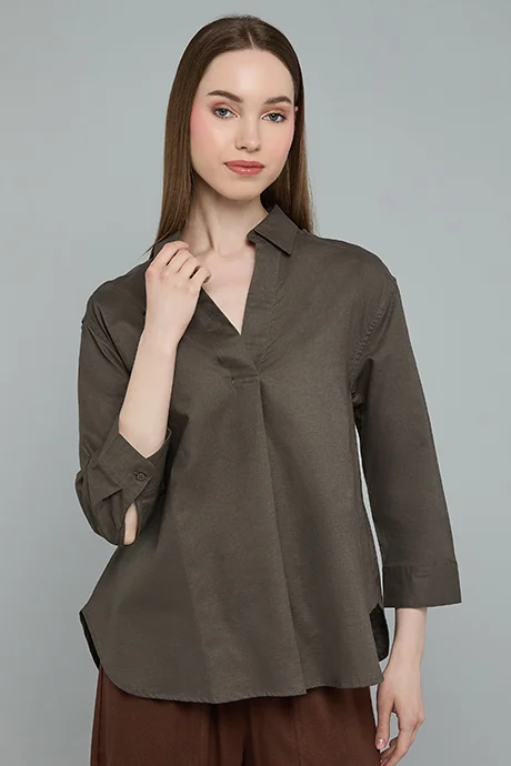 أر أند بي Solid Shirt with Classic Collar and 3/4 Sleeves
