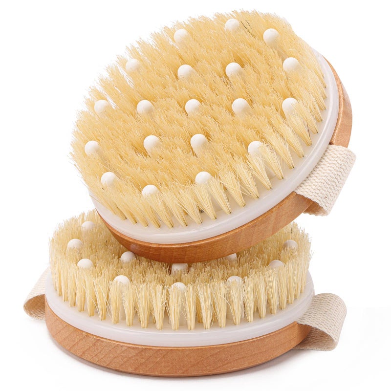 LoveBB Dry Body Brush 2 Pack, Round Massage Scrub Brush with Natural Boar Bristles for Exfoliating Dry Skin, Lymphatic Drainage and Cellulite Treatment - Image 1