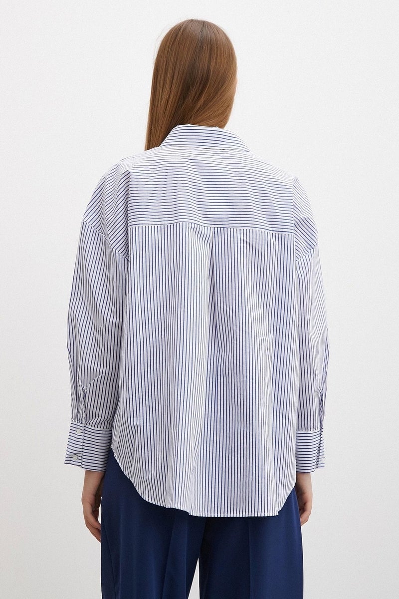 Never More Pinstripe Poplin Shirt Blue - Image 2