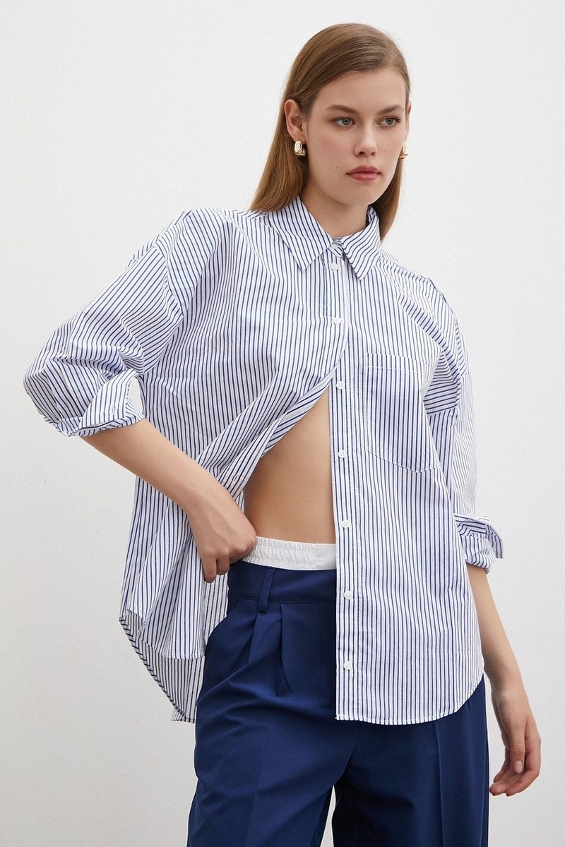Never More Pinstripe Poplin Shirt Blue - Image 4