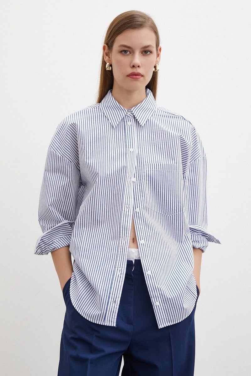 Never More Pinstripe Poplin Shirt Blue - Image 1