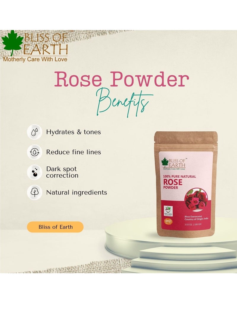 BLISS OF EARTH - 100% Pure Natural Rose Petals Powder 100GM Great For Face & Skin Pack of 3 - Image 1