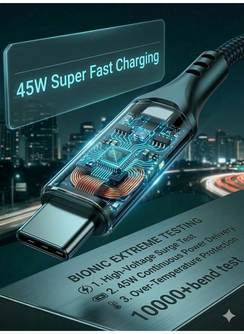 BIONIC Premium 45W Type-C to Type-C Fast Charging Cable (1M), Durable Nylon Braided Cord for Samsung S24 Ultra, iPhone 15, iPad - Image 2
