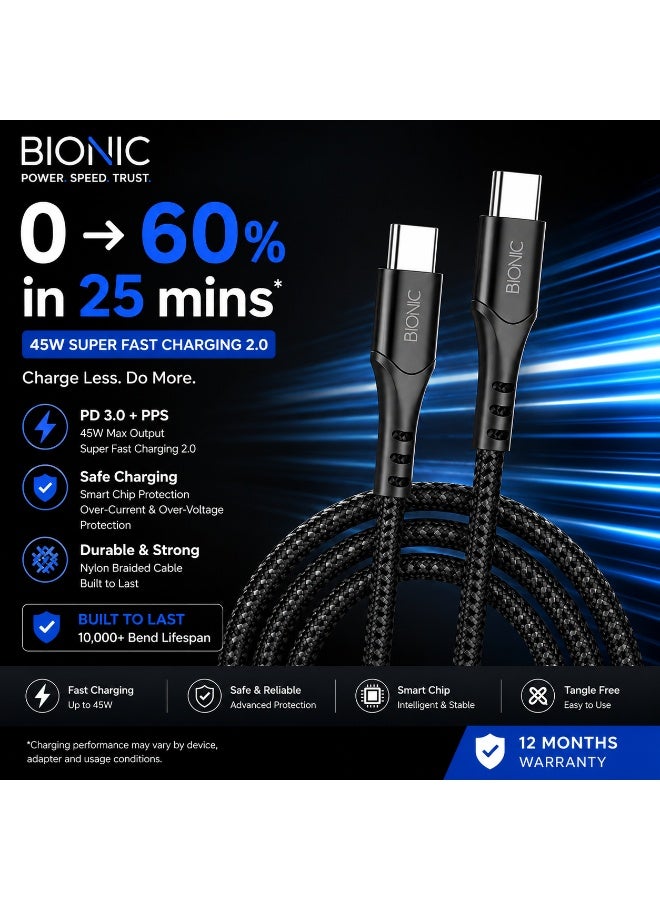 BIONIC Premium 45W Type-C to Type-C Fast Charging Cable (1M), Durable Nylon Braided Cord for Samsung S24 Ultra, iPhone 15, iPad - Image 4