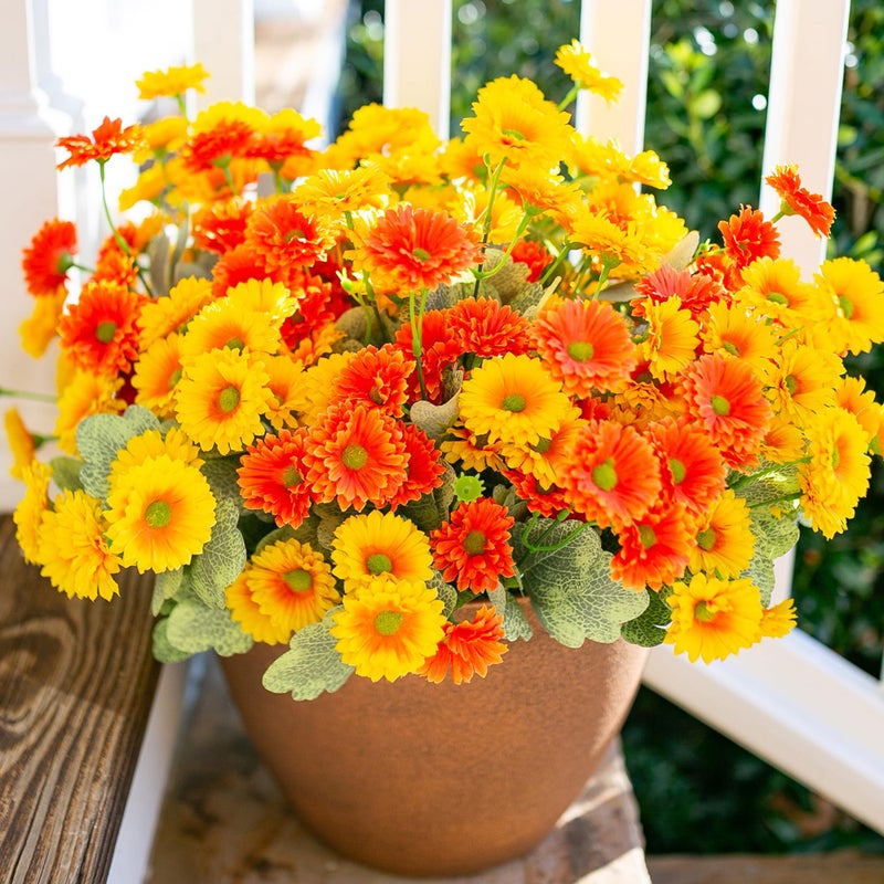 HyeFlora Artificial Dahlia Flowers Faux Flowers Plants for Outdoors Decor, 6 Bundles Fake Dahlia Silk Flowers for Outside Realistic UV Resistant for Planter Front Door Porch Patio Balcony Yard, Orange Yellow - Image 1