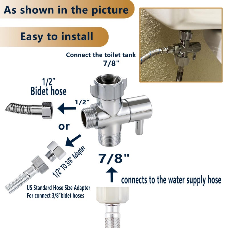 YRDL Bidet T Adapter, Brass T Adapter with Shut-off Valve, 3-way Tee Connector 7/8" x 7/8" x G1/2, Leak-Free Chrome Metal T Valve Adapter for Toilet Bidet Sprayerâ€¦ - Image 4