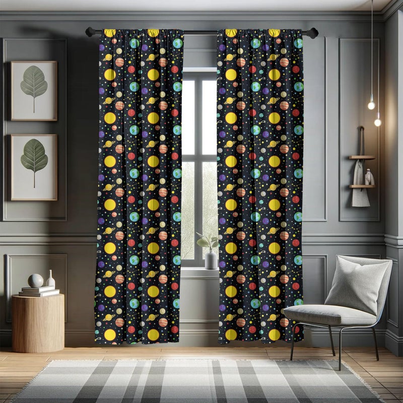 أمبيسون Ambesonne Space Stertains Comets and Constellations Stars with Polka Dots Earth Sun Saturn Mars Solar System Window Windows 2 لوحة لغرفة غرفة المعيشة زوج من - 28 "" × 95 "" أصفر أسود - Image 5