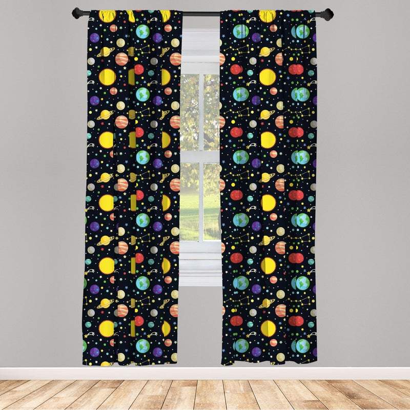 أمبيسون Ambesonne Space Stertains Comets and Constellations Stars with Polka Dots Earth Sun Saturn Mars Solar System Window Windows 2 لوحة لغرفة غرفة المعيشة زوج من - 28 "" × 95 "" أصفر أسود - Image 2