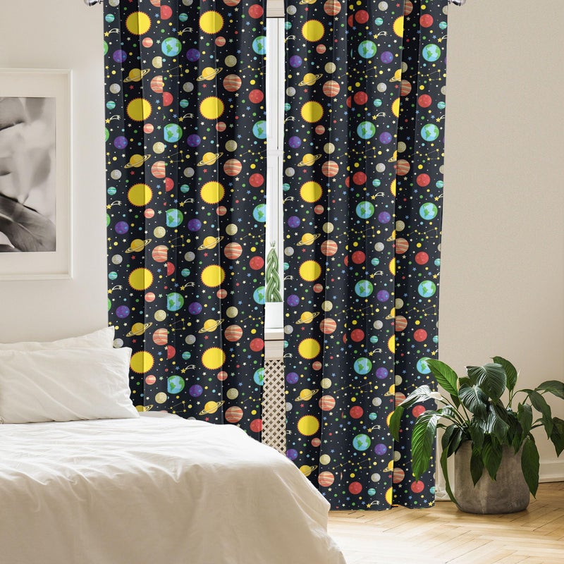 أمبيسون Ambesonne Space Stertains Comets and Constellations Stars with Polka Dots Earth Sun Saturn Mars Solar System Window Windows 2 لوحة لغرفة غرفة المعيشة زوج من - 28 "" × 95 "" أصفر أسود - Image 4