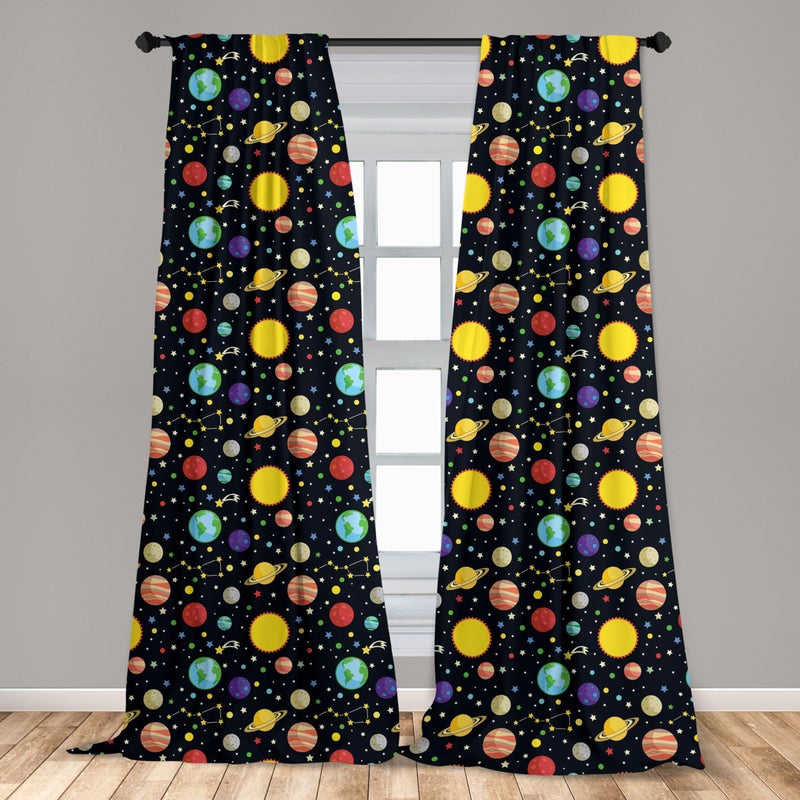 أمبيسون Ambesonne Space Stertains Comets and Constellations Stars with Polka Dots Earth Sun Saturn Mars Solar System Window Windows 2 لوحة لغرفة غرفة المعيشة زوج من - 28 "" × 95 "" أصفر أسود - Image 3