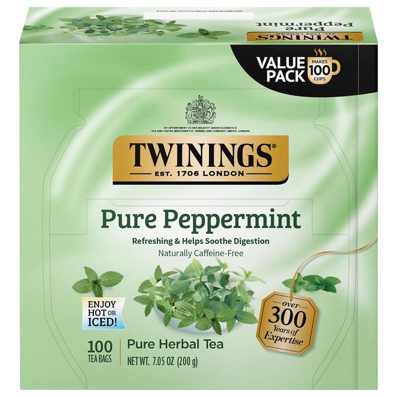 Twinings Pure Peppermint Herbal Tea Individually Wrapped Bags, 100 Count (Pack of 1), Fresh Minty Flavour, Naturally Caffeine-Free, Enjoy Hot or Iced, 100 Teabags - Image 1