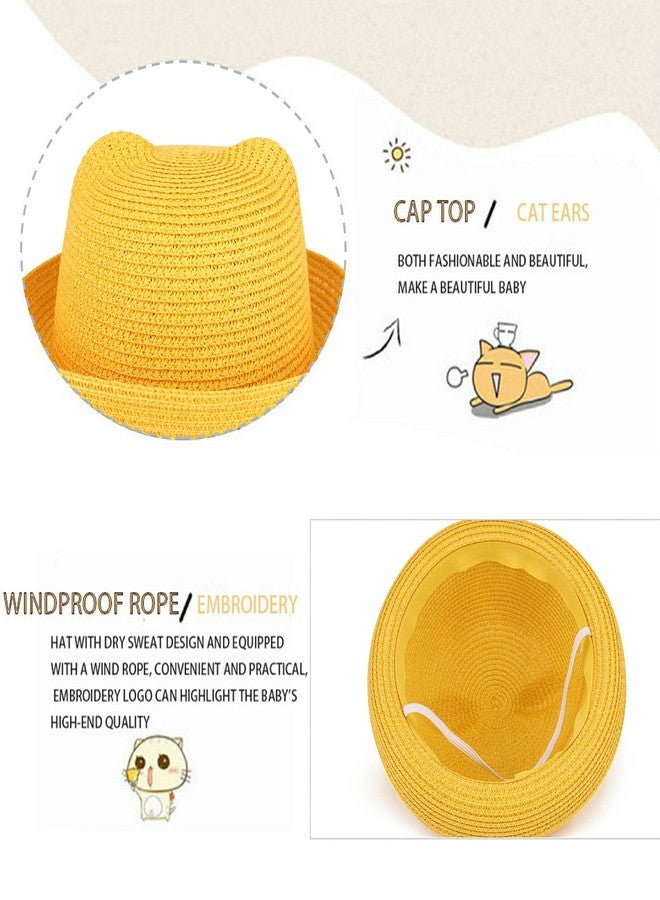 QTKJ Kids Anti-UV Straw Sun Hat Cat Ear Summer Cap for Girl Boys Bucket Hat (Yellow) - Image 2