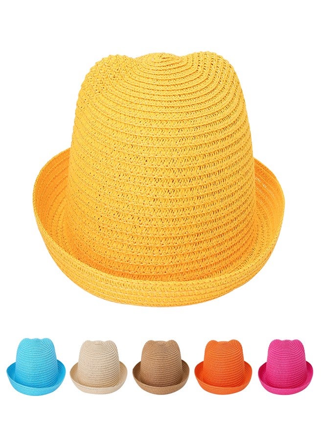 QTKJ Kids Anti-UV Straw Sun Hat Cat Ear Summer Cap for Girl Boys Bucket Hat (Yellow) - Image 1