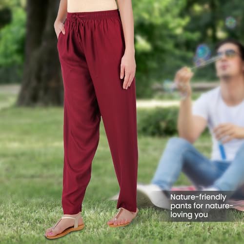 Happy Bunny Rayon Straight Pants for Women, Stylish Solid Regular Fit Kurti Bottom Wear with Elastic Waist, Adjustable Drawstring & Side Pocket, Casual, Office (MED, Burgundy MEROON) - Image 5