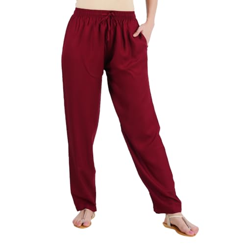 Happy Bunny Rayon Straight Pants for Women, Stylish Solid Regular Fit Kurti Bottom Wear with Elastic Waist, Adjustable Drawstring & Side Pocket, Casual, Office (MED, Burgundy MEROON) - Image 1