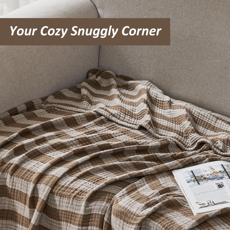 EMME Cotton Muslin Large Throw Blanket Couch Breathable Gauze Soft Lightweight Bed Blankets Adults (Striped Brown, 50"x70") - Image 4