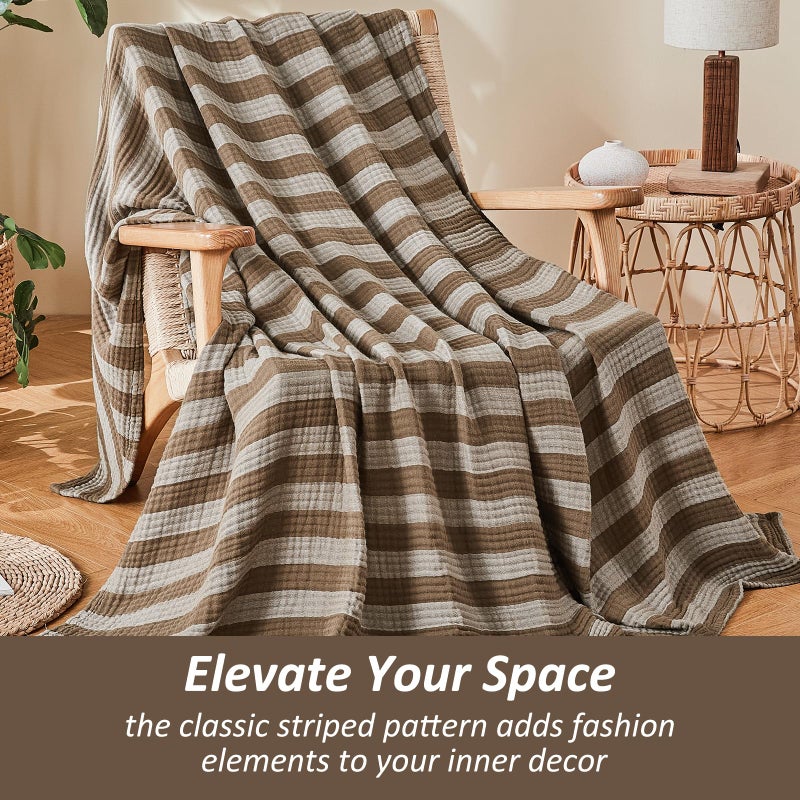 EMME Cotton Muslin Large Throw Blanket Couch Breathable Gauze Soft Lightweight Bed Blankets Adults (Striped Brown, 50"x70") - Image 5