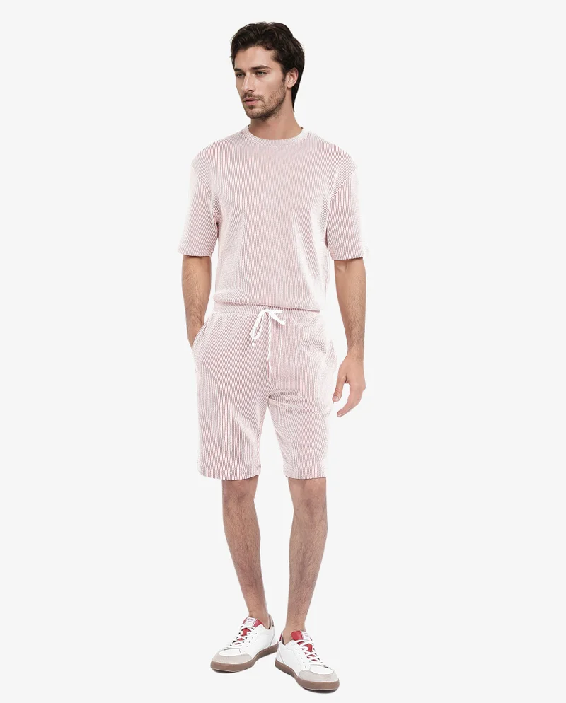 Rare Rabbit Rare Rabbit Men's Zavet-B Rust Cotton Polyester Fabric Knee Length Regular Fit Self Stripe Textured Shorts