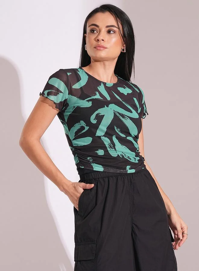 جلو باص بلوزة بطبعة مجردة وأكمام قصيرة