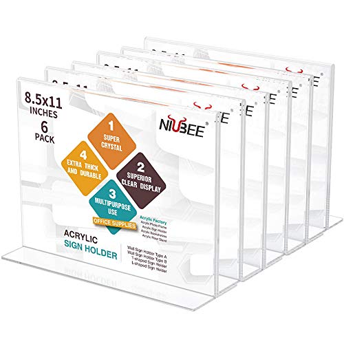 NIUBEE Acrylic Sign Holder 8.5x11 Inches 6 Pack Horizontal, T Shape Double Sided Clear Frames, Plastic Paper Flyer Display Holder, Document Menu Table Stand for Office, Store -Landscape - Image 1