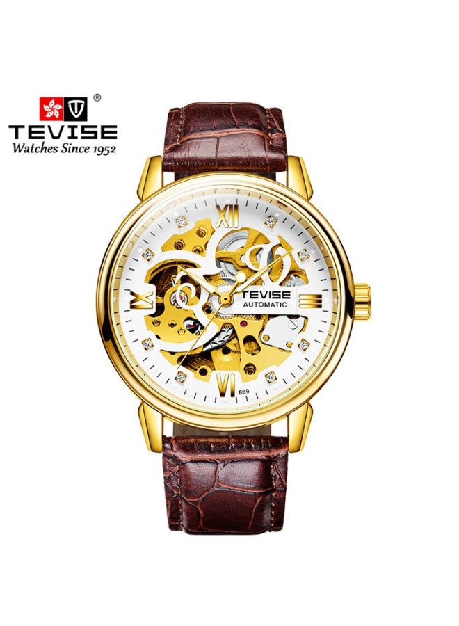 TEVISE Men Watches Automatic Mechanical Skeleton Diamond-Studded Watch Genuine Leather Band Luminous Hands 3ATM Waterproof Male Fashion Wristwatch - Image 1