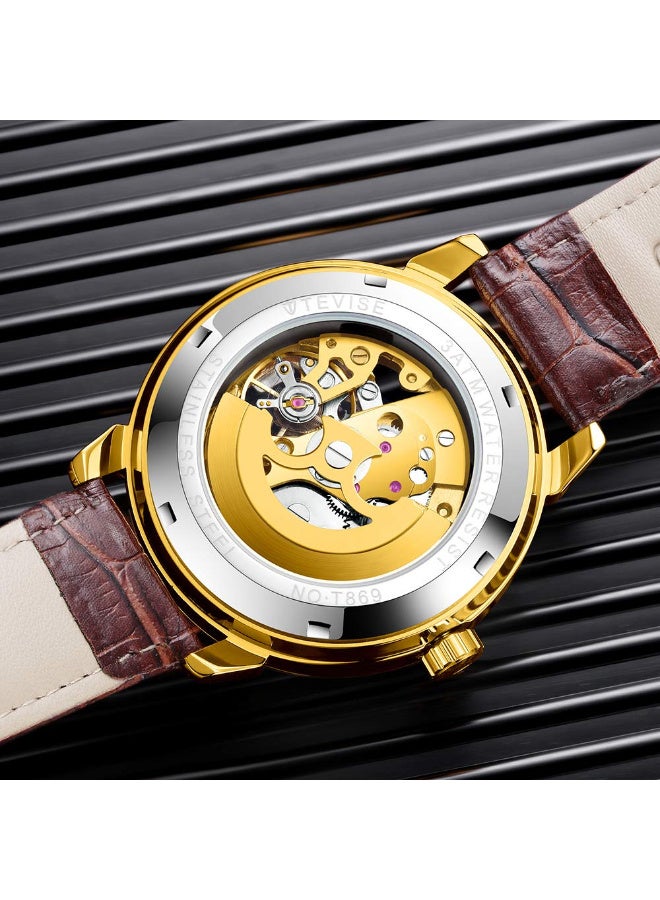 TEVISE Men Watches Automatic Mechanical Skeleton Diamond-Studded Watch Genuine Leather Band Luminous Hands 3ATM Waterproof Male Fashion Wristwatch - Image 2