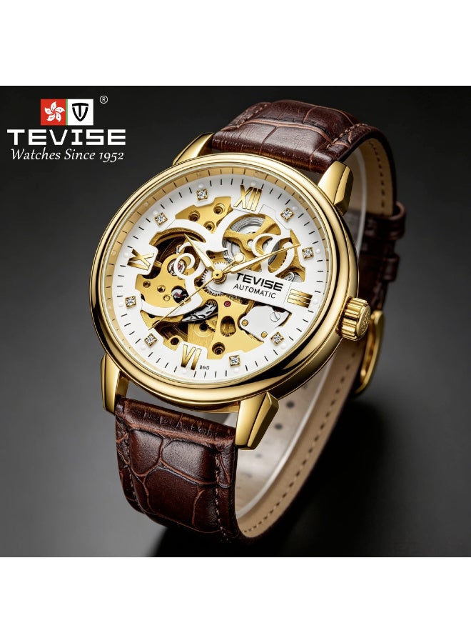 TEVISE Men Watches Automatic Mechanical Skeleton Diamond-Studded Watch Genuine Leather Band Luminous Hands 3ATM Waterproof Male Fashion Wristwatch - Image 4