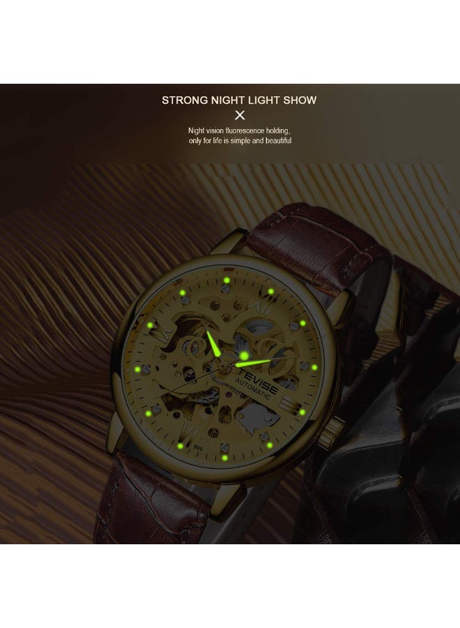 TEVISE Men Watches Automatic Mechanical Skeleton Diamond-Studded Watch Genuine Leather Band Luminous Hands 3ATM Waterproof Male Fashion Wristwatch - Image 3