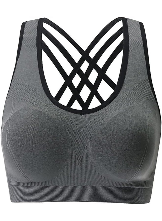 Rubik Sports Bra for Women, Strappy Padded Comfortable Push Up Cross Back Sports Bra for Yoga Gym Training Running Workout Fitness (Medium, Grey) - Image 1