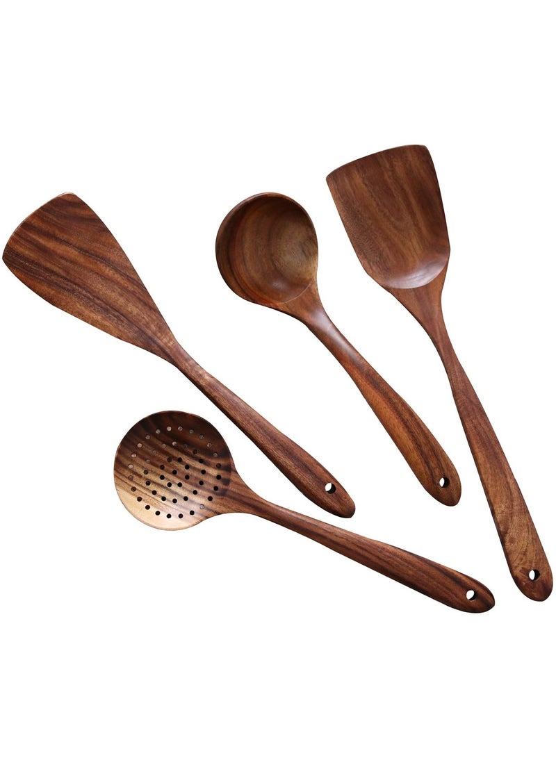 4 Pcs  Wooden Spoons for Cooking, Wooden Natural Teak Wood Spatulas Spoon, Nonstick Kitchen Utensil Set  - Image 1