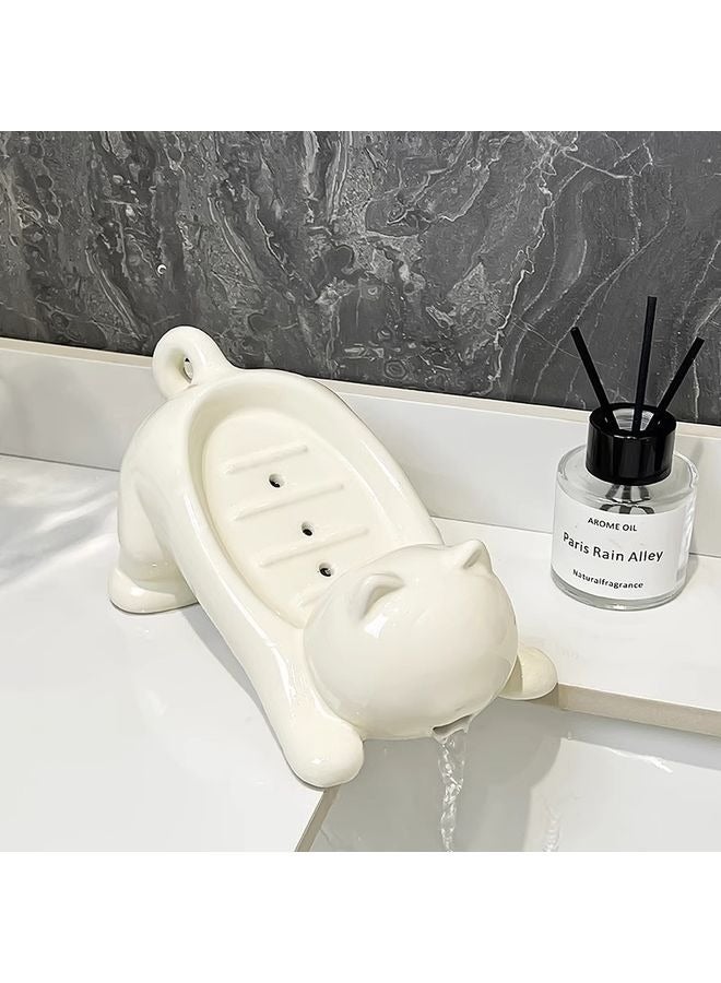 هومستر صحن صابون قطط سيرامي ذاتي التصريف مع فتحات تصريف، حامل إسفنج صابون لطيف مع تصريف، صينية على شكل حيوان غير منزلق لحمام ديكر، دش، بار، مطبخ - Image 1
