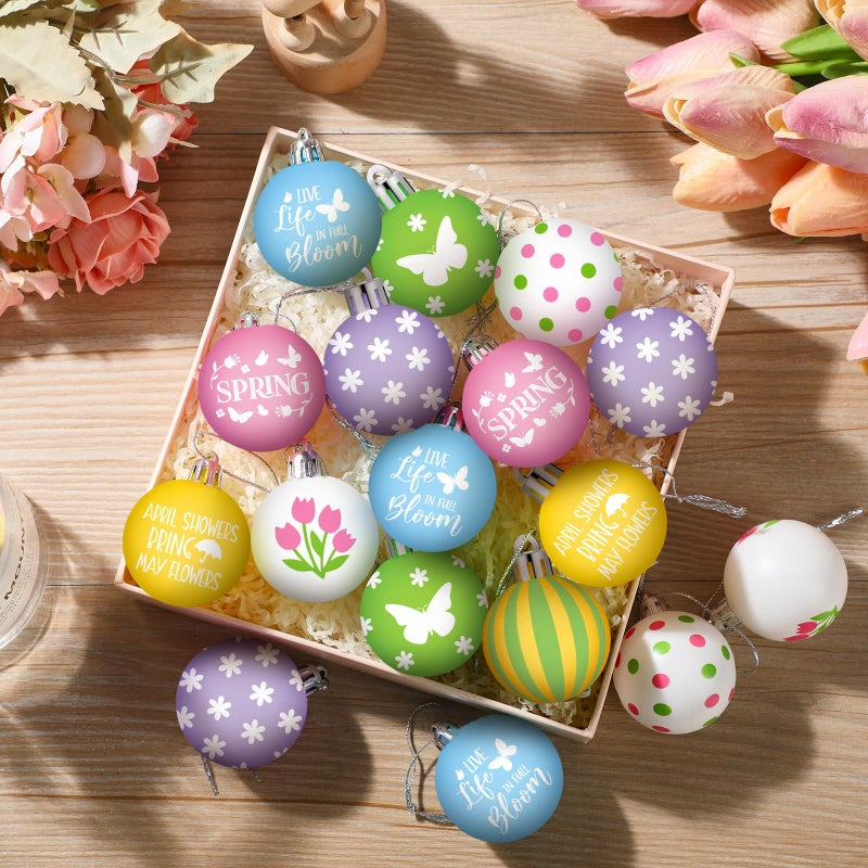 VIHOSE 32 Pcs Spring Ball Ornaments Colorful Butterfly Ornaments for Tree Pink Green Tulip Hanging Decorations Cute Floral 1.18-2" Assorted Plastic Hanging Balls Decors for Spring Holiday Decor - Image 3