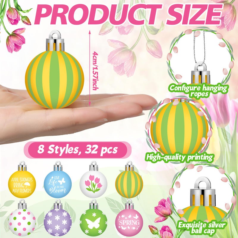 VIHOSE 32 Pcs Spring Ball Ornaments Colorful Butterfly Ornaments for Tree Pink Green Tulip Hanging Decorations Cute Floral 1.18-2" Assorted Plastic Hanging Balls Decors for Spring Holiday Decor - Image 2