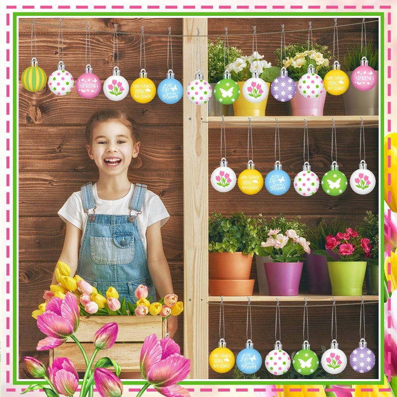 VIHOSE 32 Pcs Spring Ball Ornaments Colorful Butterfly Ornaments for Tree Pink Green Tulip Hanging Decorations Cute Floral 1.18-2" Assorted Plastic Hanging Balls Decors for Spring Holiday Decor - Image 4