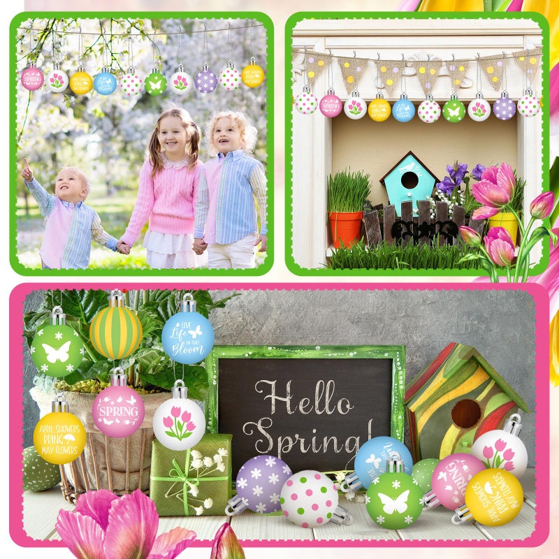 VIHOSE 32 Pcs Spring Ball Ornaments Colorful Butterfly Ornaments for Tree Pink Green Tulip Hanging Decorations Cute Floral 1.18-2" Assorted Plastic Hanging Balls Decors for Spring Holiday Decor - Image 5