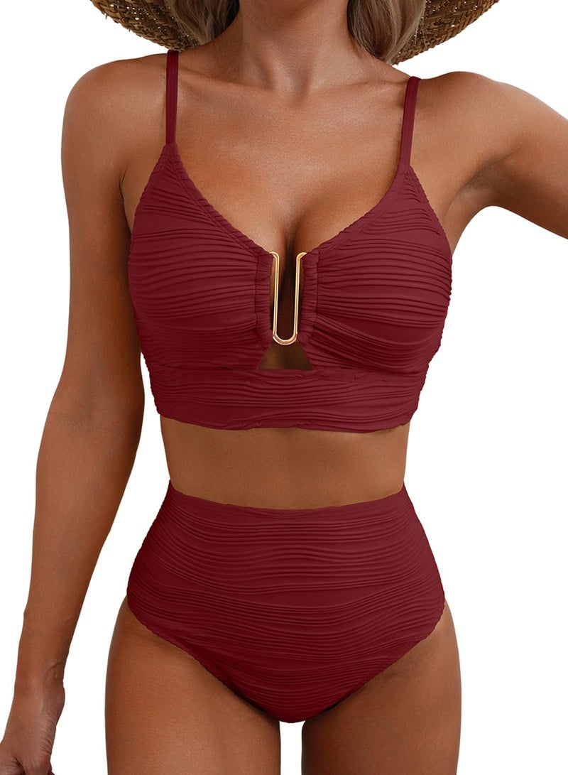 Herseas Ribbed Two Piece Bikini High Waisted V Neck Spaghetti Straps Swimwear Push Up Full Coverage Tankini Bathing Suit for Women Chic Beach Vacation Teens Essentials Burgundy Small - Image 1