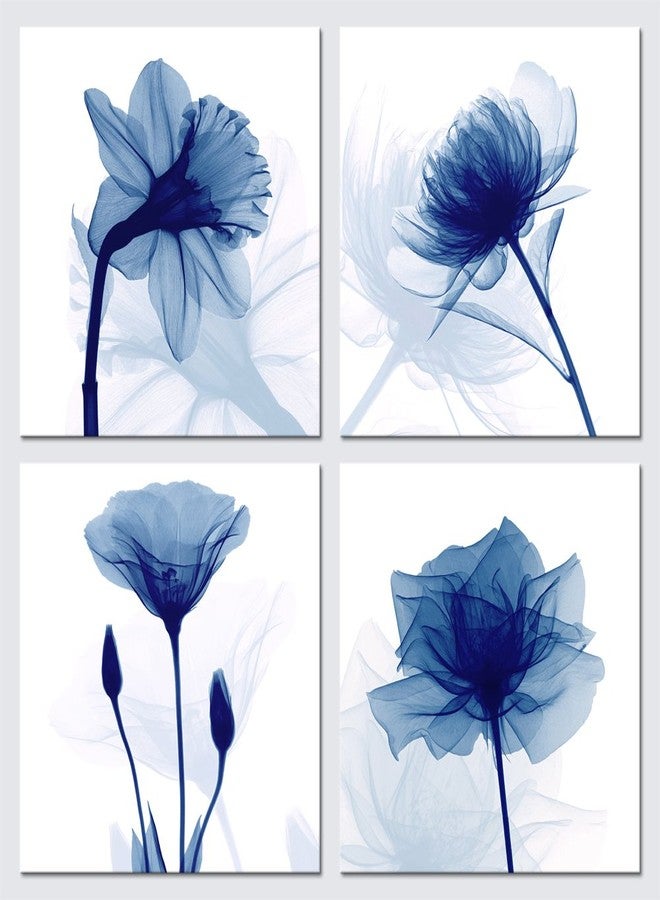 Pyradecor Blue Flickering Flower Abstract Paintings Canvas Wall Art Grace Floral Pictures on Canvas Prints 4 Panels Artwork for Living Room Bedroom Office Home Decorations - Image 1