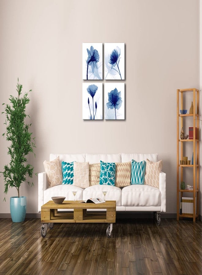 Pyradecor Blue Flickering Flower Abstract Paintings Canvas Wall Art Grace Floral Pictures on Canvas Prints 4 Panels Artwork for Living Room Bedroom Office Home Decorations - Image 2