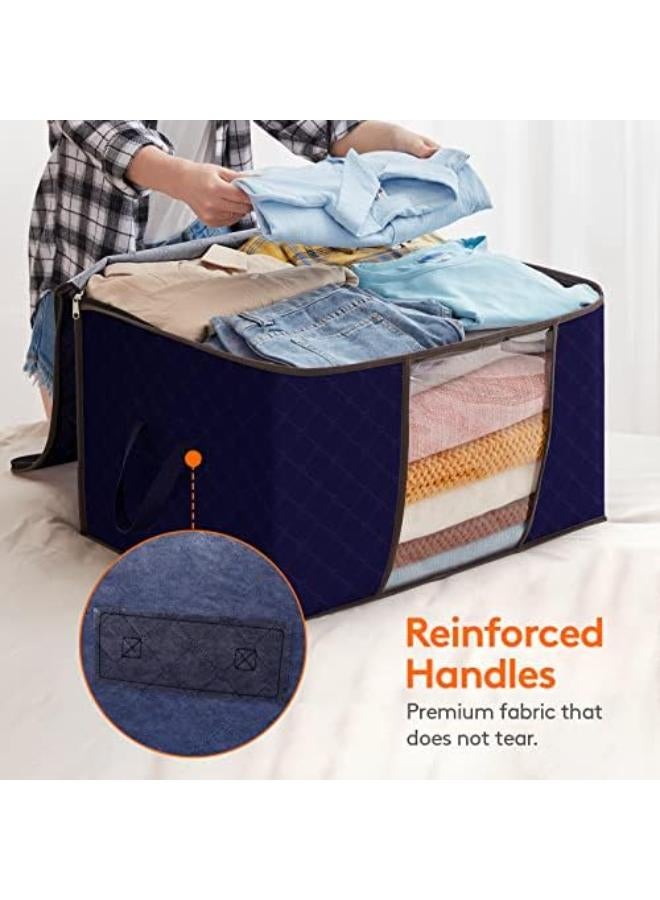 حقيبة تخزين الملابس ذات سعة كبيرة من  مع مقبض معزز من القماش السميك للألحفة والبطانيات والفراش قابلة للطي مع سحاب قوي ونافذة شفافة 3 عبوات 90 لتر أزرق - أزرق - 3 - Image 4