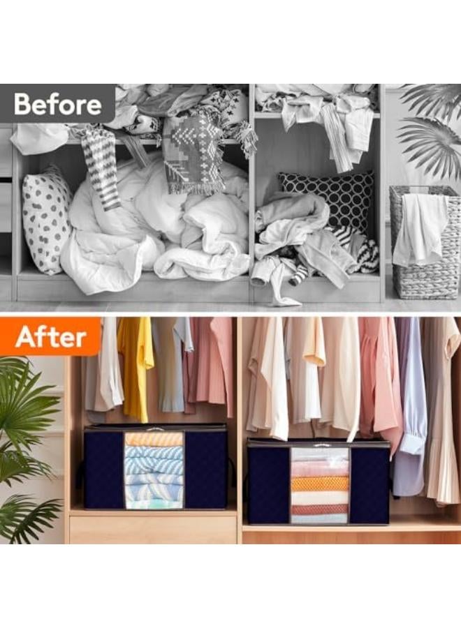 حقيبة تخزين الملابس ذات سعة كبيرة من  مع مقبض معزز من القماش السميك للألحفة والبطانيات والفراش قابلة للطي مع سحاب قوي ونافذة شفافة 3 عبوات 90 لتر أزرق - أزرق - 3 - Image 5