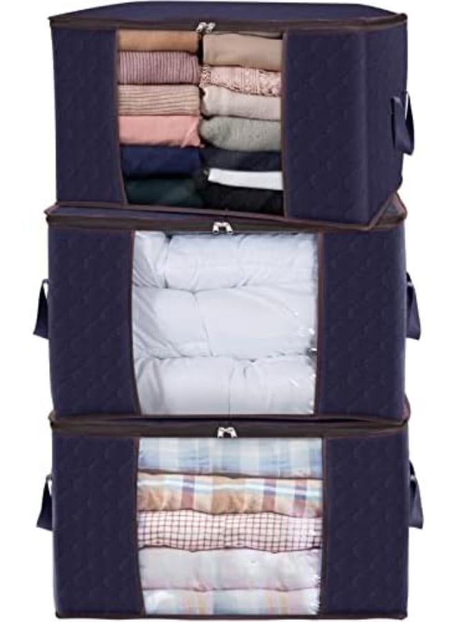 حقيبة تخزين الملابس ذات سعة كبيرة من  مع مقبض معزز من القماش السميك للألحفة والبطانيات والفراش قابلة للطي مع سحاب قوي ونافذة شفافة 3 عبوات 90 لتر أزرق - أزرق - 3 - Image 1