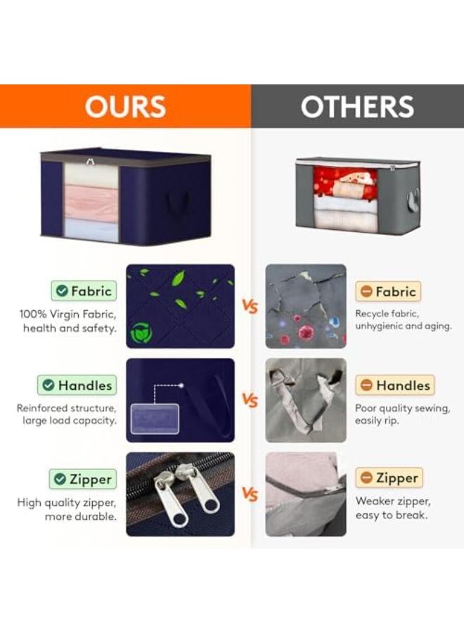 حقيبة تخزين الملابس ذات سعة كبيرة من  مع مقبض معزز من القماش السميك للألحفة والبطانيات والفراش قابلة للطي مع سحاب قوي ونافذة شفافة 3 عبوات 90 لتر أزرق - أزرق - 3 - Image 3