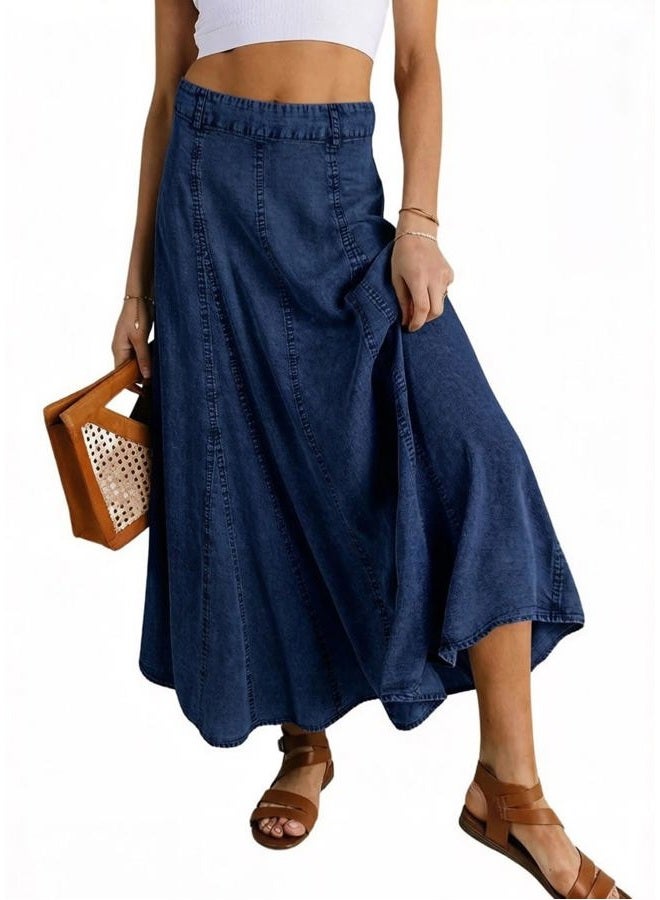 CHARTOU Women Vintage Long Denim Skirt Flowy Big Hem Slouchy Washed Jean Skirt, Blue, S - Image 1