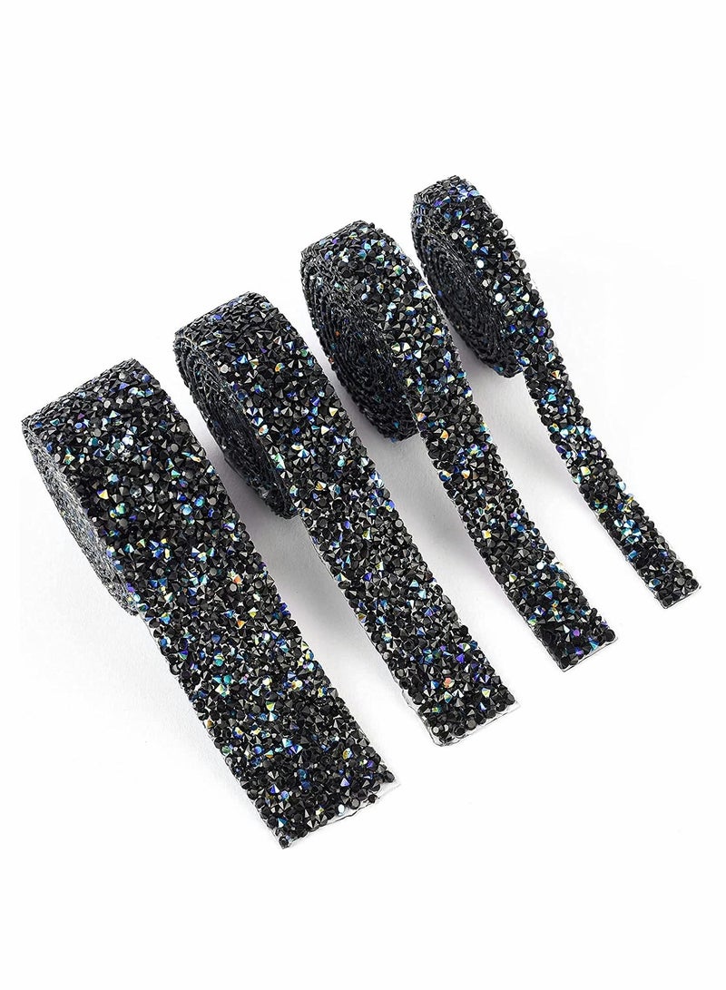 Y&D Crystal Rhinestone Ribbon Self-Adhesive Ribbon for Crafts Bling Ribbons Roll Banding Belt Wrap Wedding Cakes Birthday Crafts Decorations (4 Rolls in 4 Sizes 1 Yards Black) - Image 1