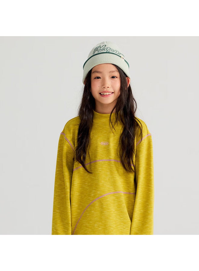 Mipou Autumn Winter New Children's Floral Yarn Mid-neck Solid Color High Elastic Soft Long Sleeve Base T-shirt Yellow 150cm - Image 1