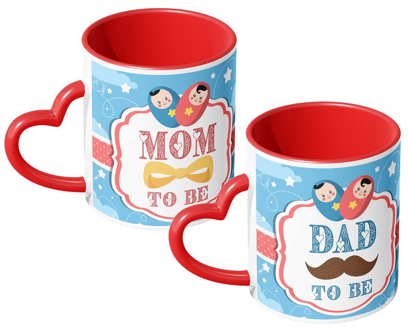Chhaap Mom to be and Dad to be Couple Heart Handle Matching Mug Set of 2, Printed Mug Gift for Baby Shower Occasion Ceramic Coffee Mug Gift for Mom to be, Mug for Dad to be, Microwave Safe 350ml - Image 1