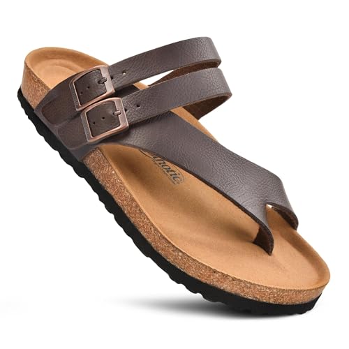 AEROTHOTIC Cute Slides for Women with Arch Support Comfy Adjustable Buckle Split Toe Straps with Cushioned Memory Foam Cork Foodbed Slip on Luxury Outdoor Walking Sandals (Kaizen Brown, Size 9) - Image 1