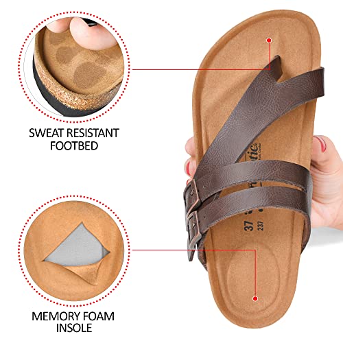 AEROTHOTIC Cute Slides for Women with Arch Support Comfy Adjustable Buckle Split Toe Straps with Cushioned Memory Foam Cork Foodbed Slip on Luxury Outdoor Walking Sandals (Kaizen Brown, Size 9) - Image 5